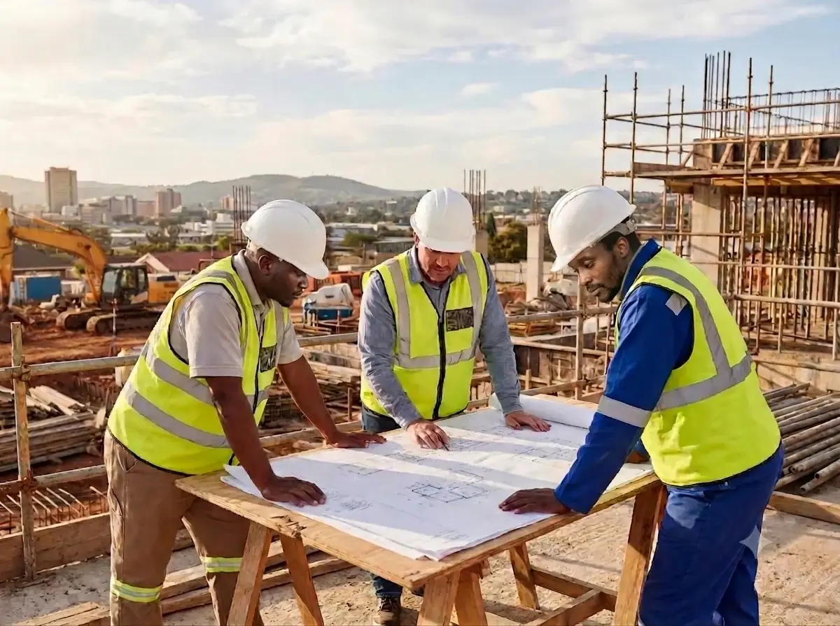 Équipe sur chantier autour des plans