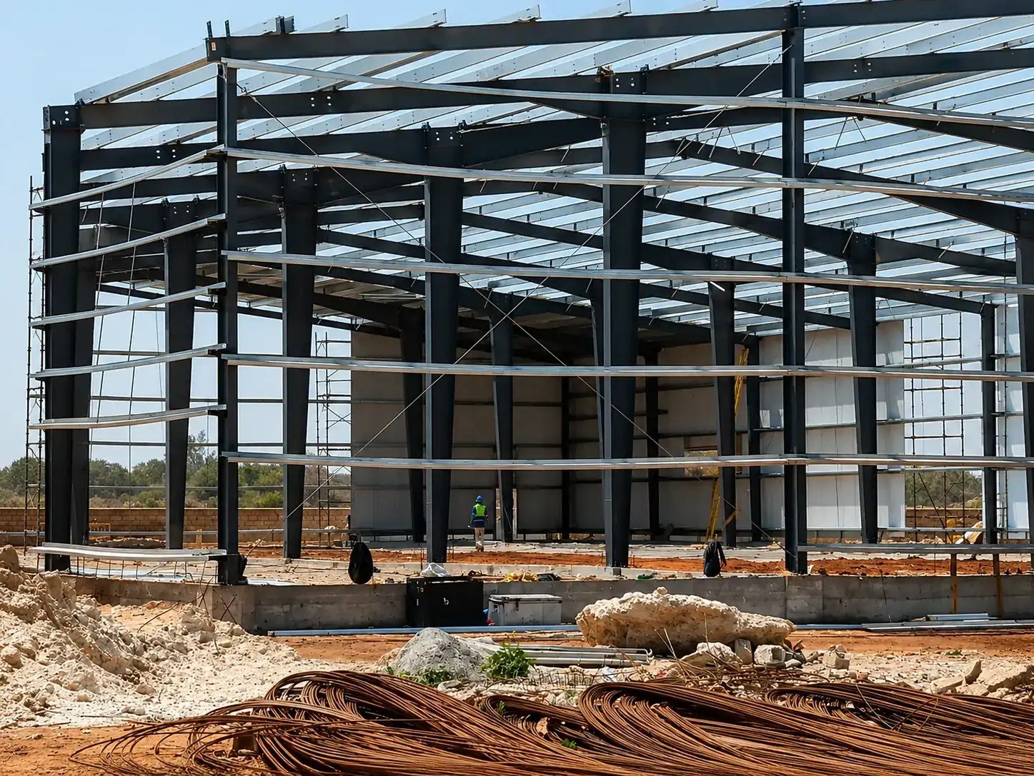 Charpente métallique en cours de montage — Hangar SISOL