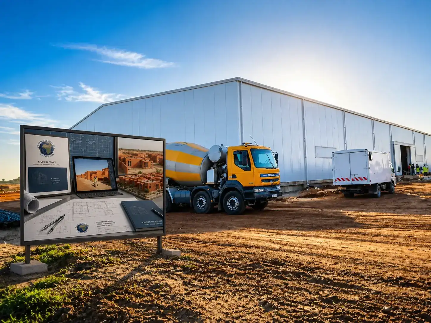 Hangar SISOL avec panneau de présentation Group Prandi Sénégal