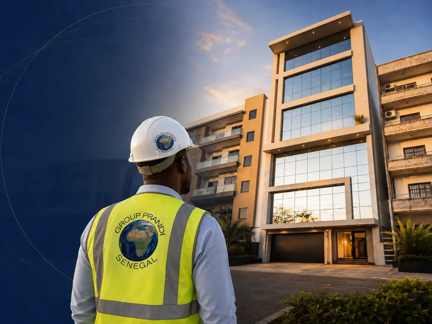 Ingénieur Group Prandi Sénégal devant un immeuble moderne